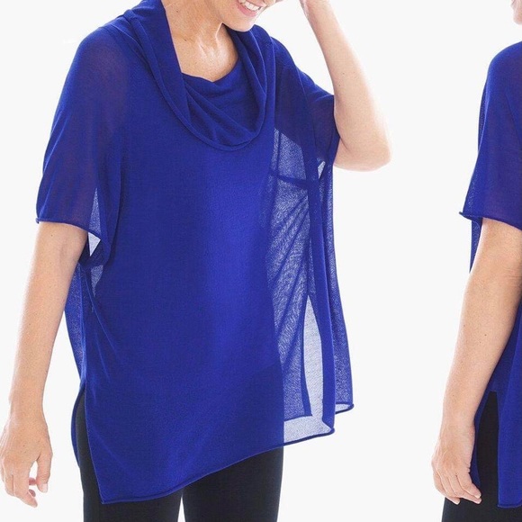 Chicos Blue Semi Sheer Cowl Neck Short Sleeve Sweater NWT